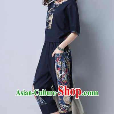 Traditional Chinese National Costume, Elegant Hanfu Embroidery Navy T-Shirt and Loose Pants Complete Set, China Tang Suit Plated Buttons Blouse and Dockers for Women