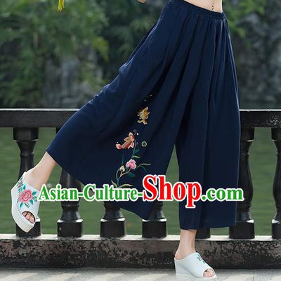 Traditional Chinese National Costume Loose Pants, Elegant Hanfu Embroidered Navy Wide leg Pants, China Ethnic Minorities Tang Suit Ultra-wide-leg Trousers for Women