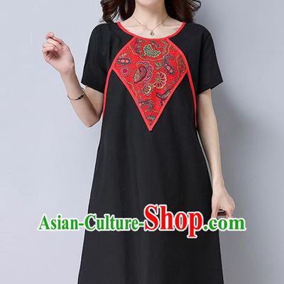 Traditional Ancient Chinese National Costume, Elegant Hanfu Mandarin Qipao Linen Patch Embroidery Black Dress, China Tang Suit Tassel Chirpaur Republic of China Cheongsam Upper Outer Garment Elegant Dress Clothing for Women