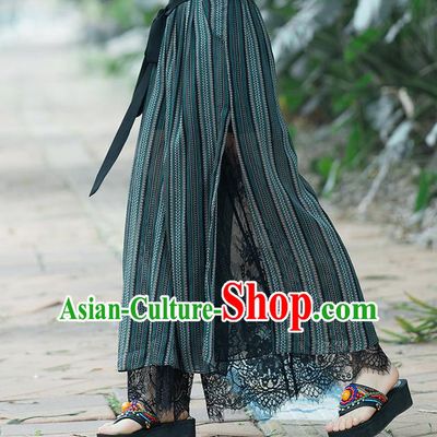 Traditional Chinese National Costume Loose Pants, Elegant Hanfu Embroidered Lace Wide leg Pants, China Ethnic Minorities Tang Suit Ultra-wide-leg Trousers for Women