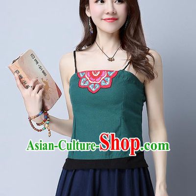 Traditional Ancient Chinese National Costume, Elegant Hanfu Green Bellyband Shirt, China Tang Suit Patch Embroidery Undergarment Blouse Cheongsam Yellow Camisole Shirts Clothing for Women