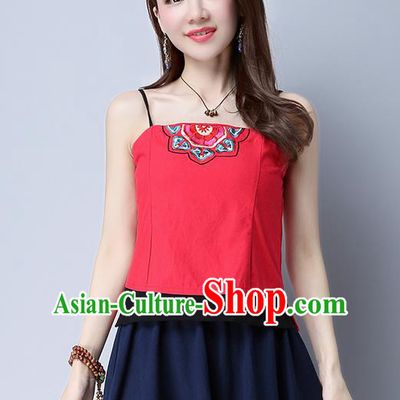 Traditional Ancient Chinese National Costume, Elegant Hanfu Red Bellyband Shirt, China Tang Suit Patch Embroidery Undergarment Blouse Cheongsam Yellow Camisole Shirts Clothing for Women