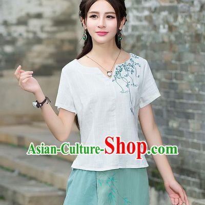 Traditional Chinese National Costume, Elegant Hanfu Embroidery Flowers White T-Shirt, China Tang Suit Republic of China Chirpaur Blouse Cheong-sam Upper Outer Garment Qipao Shirts Clothing for Women
