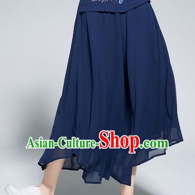 Traditional Chinese National Costume Loose Pants, Elegant Hanfu Embroidered Belt Chiffon Navy Wide leg Pants, China Ethnic Minorities Tang Suit Ultra-wide-leg Trousers for Women