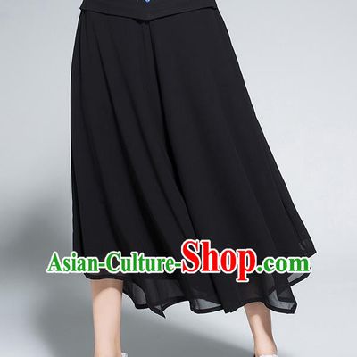 Traditional Chinese National Costume Loose Pants, Elegant Hanfu Embroidered Belt Chiffon Black Wide leg Pants, China Ethnic Minorities Tang Suit Ultra-wide-leg Trousers for Women