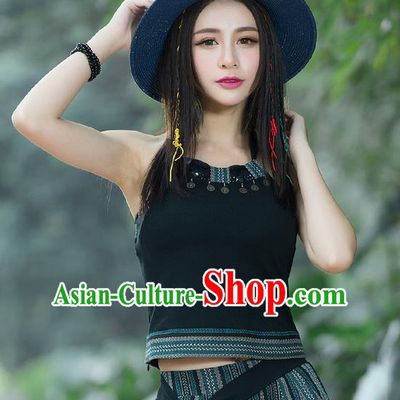 Traditional Ancient Chinese National Costume, Elegant Hanfu Black Bellyband Shirt, China Tang Suit Embroidery Undergarment Blouse Cheongsam Yellow Camisole Shirts Clothing for Women