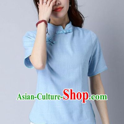 Traditional Chinese National Costume, Elegant Hanfu Stand Collar Blue T-Shirt, China Tang Suit Republic of China Plated Buttons Chirpaur Blouse Cheong-sam Upper Outer Garment Qipao Shirts Clothing for Women