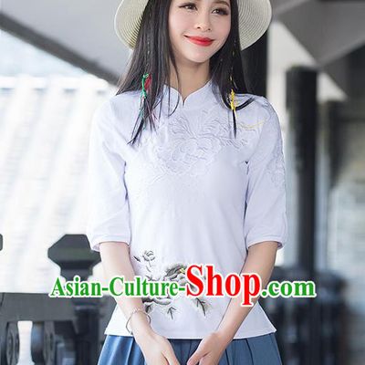 Traditional Chinese National Costume, Elegant Hanfu Stand Collar White T-Shirt, China Tang Suit Plated Buttons Chirpaur Blouse Cheong-sam Upper Outer Garment Qipao Shirts Clothing for Women