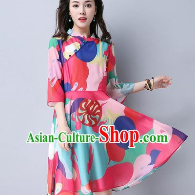 Traditional Ancient Chinese National Costume, Elegant Hanfu Mandarin Qipao Printing Red Bubble Dress, China Tang Suit Stand Collar Chirpaur Republic of China Cheongsam Upper Outer Garment Elegant Dress Clothing for Women