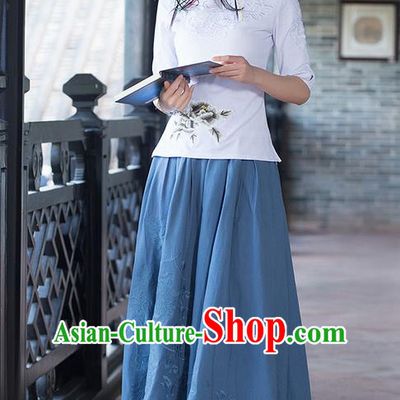 Traditional Ancient Chinese National Pleated Skirt Costume, Elegant Hanfu Embroidery Long Navy Dress, China Tang Suit Linen Bust Skirt for Women