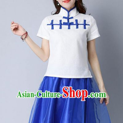 Traditional Chinese National Costume, Elegant Hanfu Stand Collar White T-Shirt, China Tang Suit Republic of China Plated Buttons Chirpaur Blouse Cheong-sam Upper Outer Garment Qipao Shirts Clothing for Women