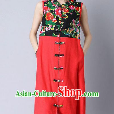Traditional Ancient Chinese National Costume, Elegant Hanfu Mandarin Qipao Peony Flowers Joint Linen Red Dress, China Tang Suit Chirpaur Republic of China Cheongsam Upper Outer Garment Elegant Dress Clothing for Women