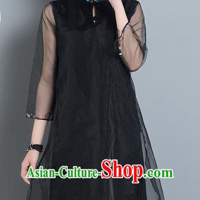 Traditional Ancient Chinese National Costume, Elegant Hanfu Mandarin Qipao Organza Black Dress, China Tang Suit Chirpaur Cheongsam Upper Outer Garment Elegant Dress Clothing for Women