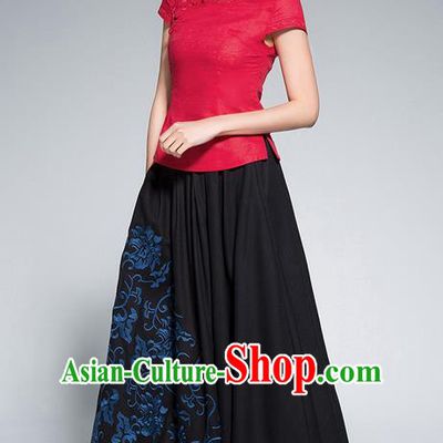 Traditional Ancient Chinese National Pleated Skirt Costume, Elegant Hanfu Embroidery Long Black Dress, China Tang Suit Linen Bust Skirt for Women