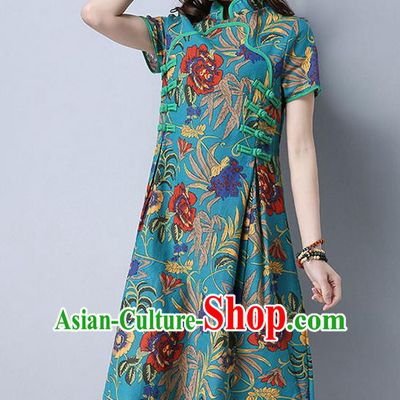 Traditional Ancient Chinese National Costume, Elegant Hanfu Mandarin Qipao Printing Linen Green Dress, China Tang Suit Chirpaur Cheongsam Upper Outer Garment Elegant Dress Clothing for Women