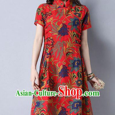 Traditional Ancient Chinese National Costume, Elegant Hanfu Mandarin Qipao Printing Linen Red Dress, China Tang Suit Chirpaur Cheongsam Upper Outer Garment Elegant Dress Clothing for Women