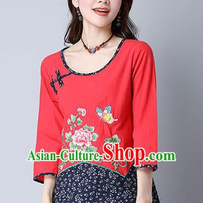 Traditional Chinese National Costume, Elegant Hanfu Embroidery Peony Flowers Red T-Shirt, China Tang Suit Republic of China Plated Button Chirpaur Blouse Cheong-sam Upper Outer Garment Qipao Shirts Clothing for Women