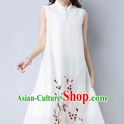 Traditional Ancient Chinese National Costume, Elegant Hanfu Mandarin Qipao Linen Embroidery Plum Blossom White Dress, China Tang Suit Chirpaur Republic of China Cheongsam Upper Outer Garment Elegant Dress Clothing for Women
