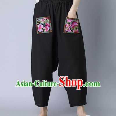 Traditional Chinese National Costume Plus Fours, Elegant Hanfu Patch Embroidered Black Bloomers, China Ethnic Minorities Tang Suit Pantalettes for Women