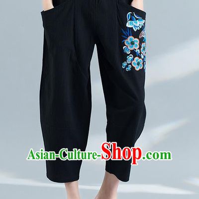Traditional Chinese National Costume Plus Fours, Elegant Hanfu Embroidered Folk Dance Black Bloomers, China Ethnic Minorities Tang Suit Pantalettes for Women