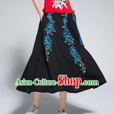 Traditional Ancient Chinese National Pleated Skirt Costume, Elegant Hanfu Linen Embroidery Long Black Dress, China Tang Suit Big Swing Bust Skirt for Women