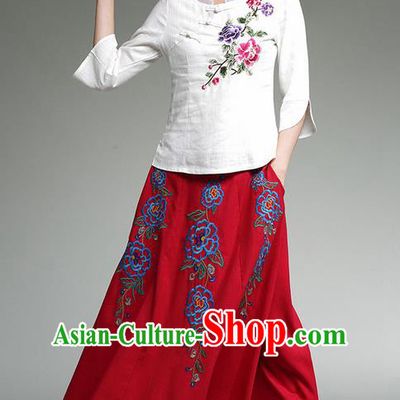 Traditional Ancient Chinese National Pleated Skirt Costume, Elegant Hanfu Linen Embroidery Long Red Dress, China Tang Suit Big Swing Bust Skirt for Women