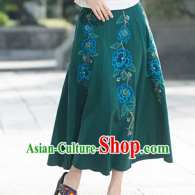 Traditional Ancient Chinese National Pleated Skirt Costume, Elegant Hanfu Linen Embroidery Long Green Dress, China Tang Suit Big Swing Bust Skirt for Women