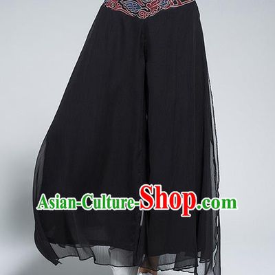 Traditional Chinese National Costume Loose Pants, Elegant Hanfu Embroidered Waistband Chiffon Black Wide leg Pants, China Ethnic Minorities Tang Suit Folk Dance Ultra-wide-leg Trousers for Women
