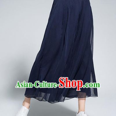 Traditional Chinese National Costume Loose Pants, Elegant Hanfu Embroidered Waistband Chiffon Navy Wide leg Pants, China Ethnic Minorities Tang Suit Folk Dance Ultra-wide-leg Trousers for Women