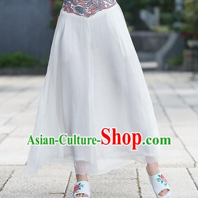 Traditional Chinese National Costume Loose Pants, Elegant Hanfu Embroidered Waistband Chiffon White Wide leg Pants, China Ethnic Minorities Tang Suit Folk Dance Ultra-wide-leg Trousers for Women