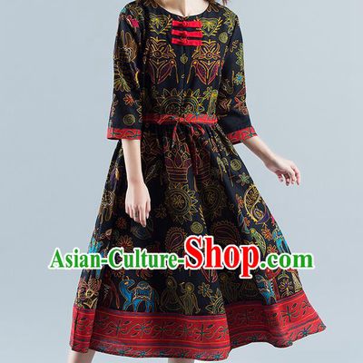 Traditional Ancient Chinese National Costume, Elegant Hanfu Mandarin Qipao Printing Folk Dance Blue Big Swing Dress, China Tang Suit National Minority Upper Outer Garment Elegant Dress Clothing for Women
