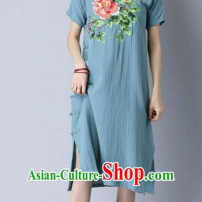 Traditional Ancient Chinese National Costume, Elegant Hanfu Stand Collar Mandarin Qipao Embroidery Slant Opening Blue Dress, China Tang Suit Cheongsam Upper Outer Garment Elegant Dress Clothing for Women