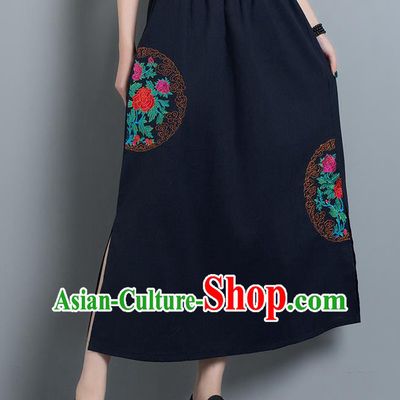 Traditional Ancient Chinese National Pleated Skirt Costume, Elegant Hanfu Embroidery Long Navy Dress, China Tang Suit Folk Dance Bust Skirt for Women
