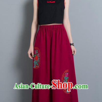 Traditional Ancient Chinese National Pleated Skirt Costume, Elegant Hanfu Embroidery Long Red Dress, China Tang Suit Folk Dance Bust Skirt for Women