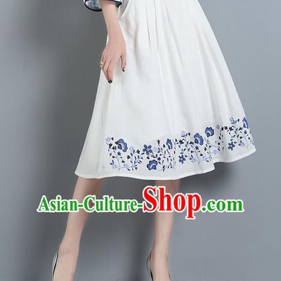 Traditional Ancient Chinese National Pleated Skirt Costume, Elegant Hanfu Embroidery Linen White Dress, China Tang Suit Folk Dance Bust Skirt for Women