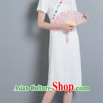 Traditional Ancient Chinese National Costume, Elegant Hanfu Mandarin Qipao Embroidery Stand Collar White Dress, China Tang Suit Chirpaur Upper Outer Garment Elegant Dress Clothing for Women