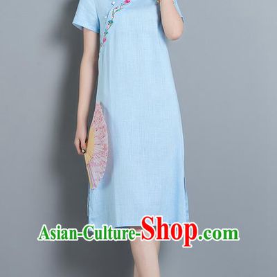 Traditional Ancient Chinese National Costume, Elegant Hanfu Mandarin Qipao Embroidery Stand Collar Blue Dress, China Tang Suit Chirpaur Upper Outer Garment Elegant Dress Clothing for Women