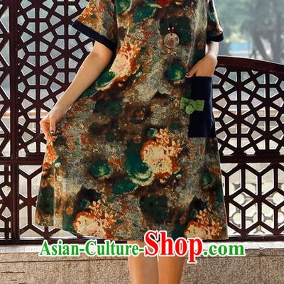 Traditional Ancient Chinese National Costume, Elegant Hanfu Mandarin Qipao Ink Painting Brown Dress, China Tang Suit Chirpaur Upper Outer Garment Elegant Dress Clothing for Women