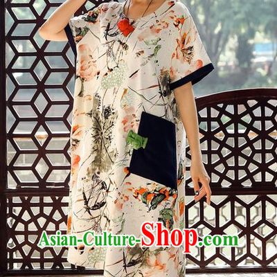 Traditional Ancient Chinese National Costume, Elegant Hanfu Mandarin Qipao Ink Painting White Dress, China Tang Suit Chirpaur Upper Outer Garment Elegant Dress Clothing for Women