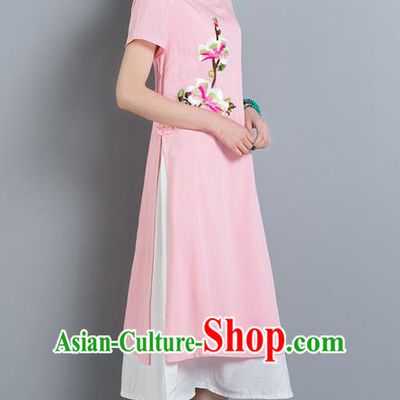 Traditional Ancient Chinese National Costume, Elegant Hanfu Mandarin Qipao Linen Embroidery Pink Dress, China Tang Suit Cheongsam Elegant Dress Clothing for Women