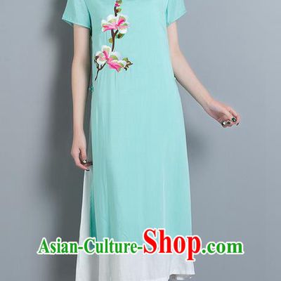 Traditional Ancient Chinese National Costume, Elegant Hanfu Mandarin Qipao Linen Embroidery Blue Dress, China Tang Suit Cheongsam Elegant Dress Clothing for Women