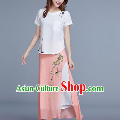 Traditional Chinese National Costume Loose Pants, Elegant Hanfu Embroidered Chiffon Pink Wide leg Pants, China Ethnic Minorities Tang Suit Ultra-wide-leg Trousers for Women
