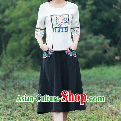 Traditional Ancient Chinese National Pleated Skirt Costume, Elegant Hanfu Linen Embroidery Black Dress, China Tang Suit Bust Skirt for Women