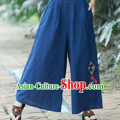 Traditional Chinese National Costume Loose Pants, Elegant Hanfu Embroidered Navy Wide leg Pants, China Ethnic Minorities Tang Suit Ultra-wide-leg Trousers for Women