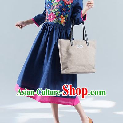 Traditional Ancient Chinese National Costume, Elegant Hanfu Mandarin Qipao Linen Embroidery Navy Dress, China Tang Suit Chirpaur National Minority Elegant Dress Clothing for Women
