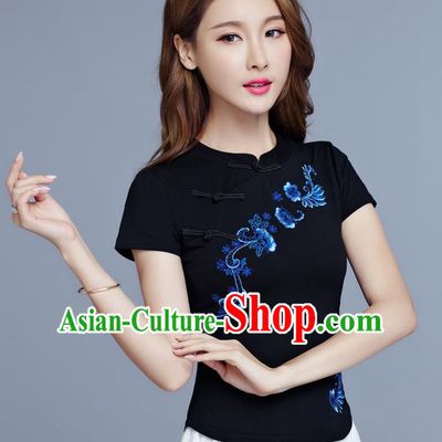 Traditional Chinese National Costume, Elegant Hanfu Embroidery Flowers Slant Opening Black T-Shirt, China Tang Suit Stand Collar Plated Buttons Chirpaur Blouse Cheong-sam Upper Outer Garment Qipao Shirts Clothing for Women