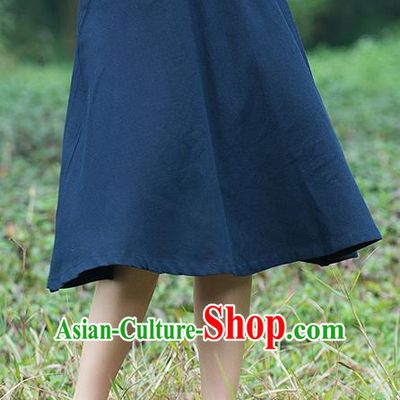 Traditional Ancient Chinese National Pleated Skirt Costume, Elegant Hanfu Linen Embroidery Navy Dress, China Tang Suit Bust Skirt for Women