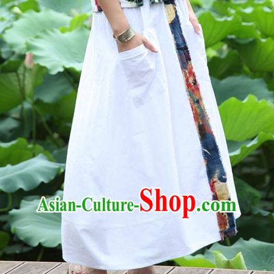 Traditional Ancient Chinese National Pleated Skirt Costume, Elegant Hanfu Embroidery Long White Dress, China Tang Dynasty Bust Skirt for Women