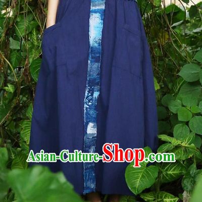 Traditional Ancient Chinese National Pleated Skirt Costume, Elegant Hanfu Embroidery Long Blue Dress, China Tang Dynasty Bust Skirt for Women
