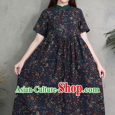 Traditional Ancient Chinese National Costume, Elegant Hanfu Printing Navy Big Swing Dress, China Tang Suit Chirpaur Cheongsam Elegant Dress Clothing for Women